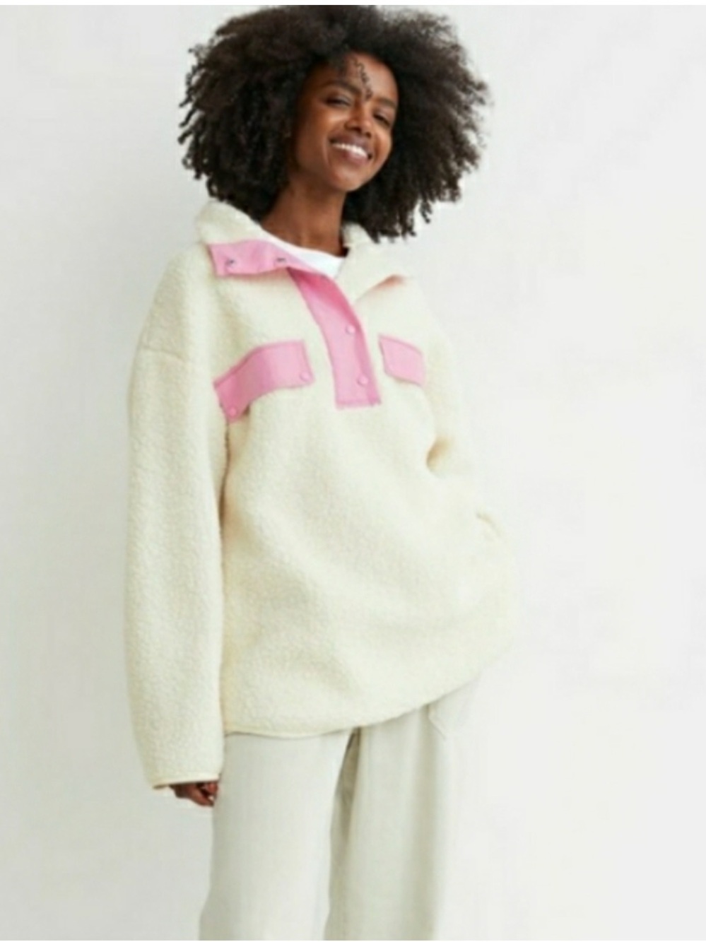 H&M Cream Faux Shearling High-Collar Top with Pink Trim
